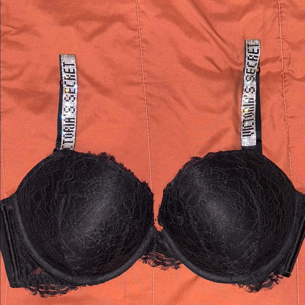 Black Lace Bra with Branded Straps